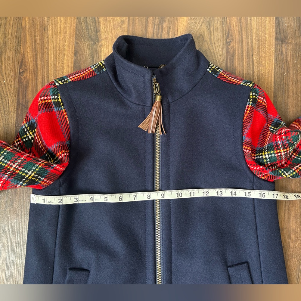 J. Crew Colorblock Shetland Wool Navy Jacket w Red Plaid Arms - Picture 12 of 12